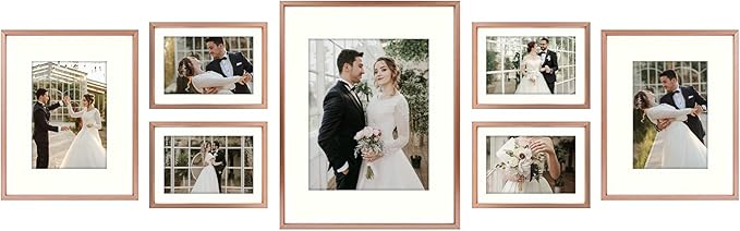 Golden State Art, Picture Frame Set 7 Pack, Gallery Wall Frame with One 11x14, Two 8x10, and Four 5x7. Aluminum Photos Frame for Wall or Tabletop Display (Style 1, Rose Gold, 7 Pack)