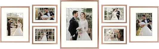 Golden State Art, Picture Frame Set 7 Pack, Gallery Wall Frame with One 11x14, Two 8x10, and Four 5x7. Aluminum Photos Frame for Wall or Tabletop Display (Style 1, Rose Gold, 7 Pack)