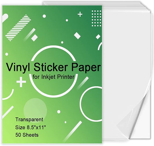 Printable Vinyl Sticker Paper for Inkjet Printer - Transparent Clear - 50 Self Adhesive Sheets - Waterproof Decal Paper - Standard Letter Size 8.5"x11" (50 sheets, transparent)