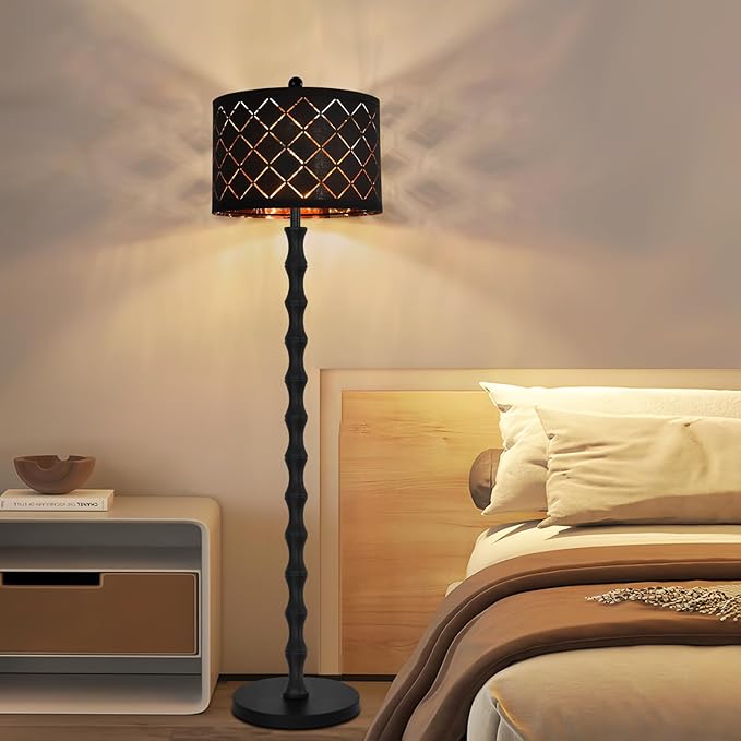 Gothic Vintage Floor Lamp for Living Room Bedroom,Black Standing Tall Lamp with Drum Lampshade,Farmhouse Unique Floor Lamps,Mid Century Modern Iron Floor Lamp for Office Corner(Bulb Included)