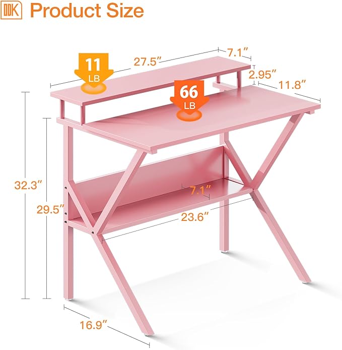 ODK Small Desk, 27.5 Inch Computer Desk for Small Spaces, Kids Desk with Storage, Study Table with Monitor Stand for Homeschool, Pink