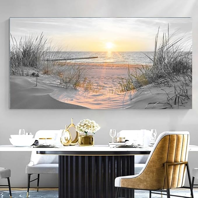 Yxbhhym-Black and White Sunset Beach Wall Art Coastal Room Decor Ocean Picture for Living Room Wall Art Bedroom Seascape Artwork Prints Sea Scene Painting Modern Bathroom Office Decor