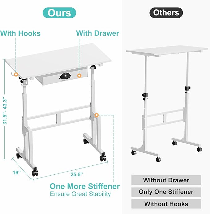 Small White Standing Computer Desk with Drawers,Height Adjustable Home Office Sit Stand Up Desk with 4 Wheels & 2 Hooks,Portable Rolling Work Study Gaming Table for Laptop Tablet Walking Pad Treadmill