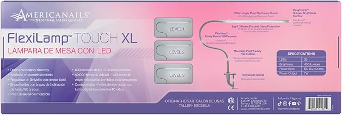 Americanails FlexiLamp Touch XL - LED Table Desk Lamp - Removable Clamp - Adjustable Lighting for Nail Stations - Manicure Table Light - Flexible Arm – 3 Brightness Levels - Touch Sensor - 400 Lumens