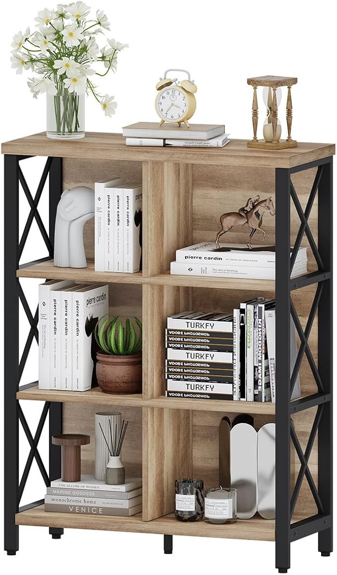 FATORRI Bookcase, 6 Cube Storage Organizer Shelf, Wood and Metal Cubby Book Shelf, Industrial 4 Tier Cube Bookshelf (Rustic Oak)