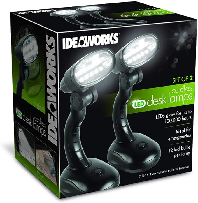 Set of 2 LED Black Desk Reading Lamp and Portable Study Lamp with 12 Led Bulbs and Bright Study Lamp for Work Station Illumination & Emergency Situations and Battery Operated Reading Lights