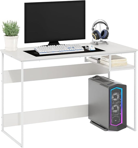 Furinno Moretti Desk, 45" Wide Metal Frame Gaming Desk with Open Shelf, Computer Desk, Writing Desk, Office Desk for Home Office, Study Room, Dorm, Bedroom, Solid White
