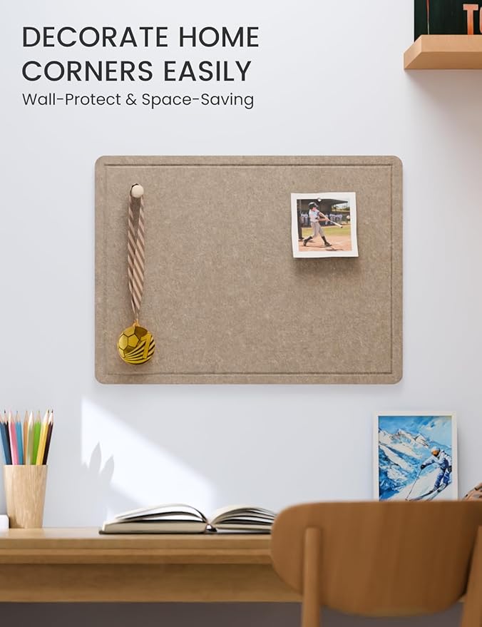 Fluxynara Bulletin Board, 23.6" x 17.5" Cork Board Alternative with 12 Safe Removable Adhesive Tabs, Foldable Felt Pin Board for Home Office, Classroom, Bedroom,Entryway for Walls— Taupe