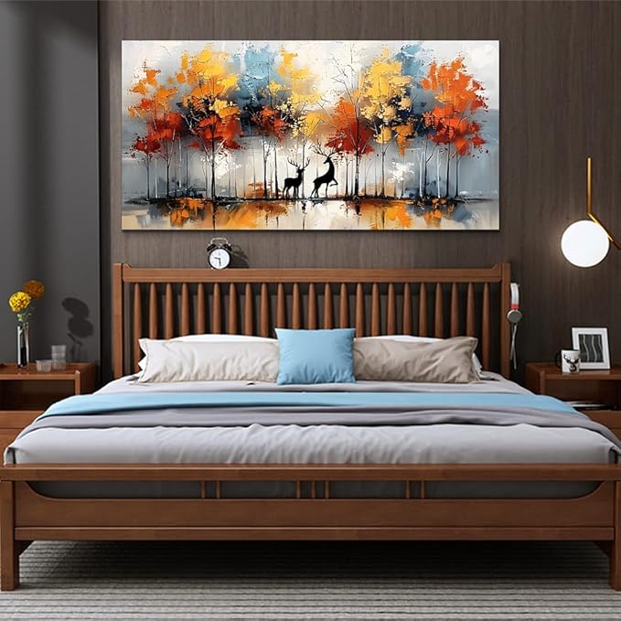 Lapremoly Framed Wall Decor For Bedroom Large Wall Art For Living Room Modern Office Decor Textured Abstract Wall Pictures Elk Forest Landscape Paintings Canvas Art Prints Home Decorations Artwork