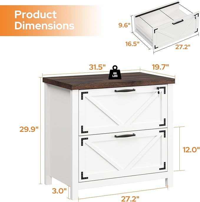 2 Drawers Lateral File Cabinet for Home Office,Farmhouse Wood File Storage Cabinets for Letter/Legal/A4 Size Hanging Files, White