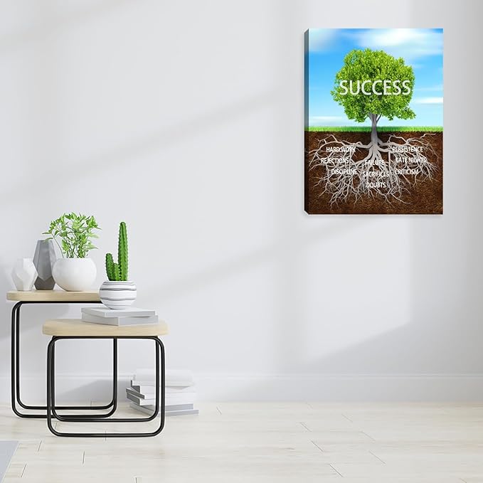 Inspirational Wall Art Blue Green Tree Motivational Canvas Wall Decor Success Posters Prints Entrepreneur Quote Wall Picture Paintings Artwork Home Bedroom Framed Easy to Hang 12"x16"