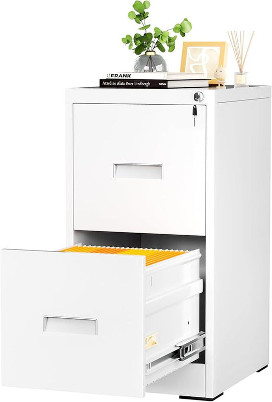 INTERGREAT 2 Drawers File Cabinet with Lock, 18" D Metal White Vertical Filing Cabinet for Hanging Folders, Easy Assemble