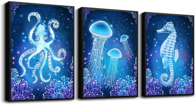 MHARTK66 Canvas Wall Art for Bedroom 3Pcs Beach Themed Wall Decor Living Room Under The Sea Pictures Artwork Animal Bathroom Wall Art Seahorse Poster Modern Nautical Painting Bedroom Home Decorations