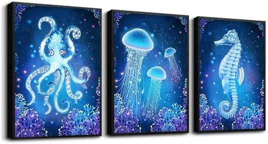 MHARTK66 Canvas Wall Art for Bedroom 3Pcs Beach Themed Wall Decor Living Room Under The Sea Pictures Artwork Animal Bathroom Wall Art Seahorse Poster Modern Nautical Painting Bedroom Home Decorations