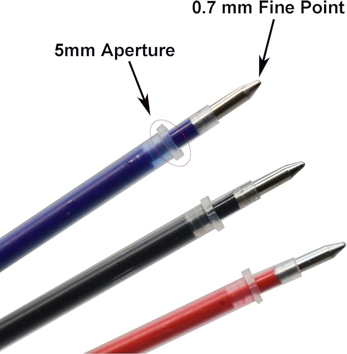 Maydahui 50 PCS Rollerball Gel Pen Refills 3 Colors Black Blue Red Metal Tip 0.7 mm Bullet 5 mm Aperture for School Party Office