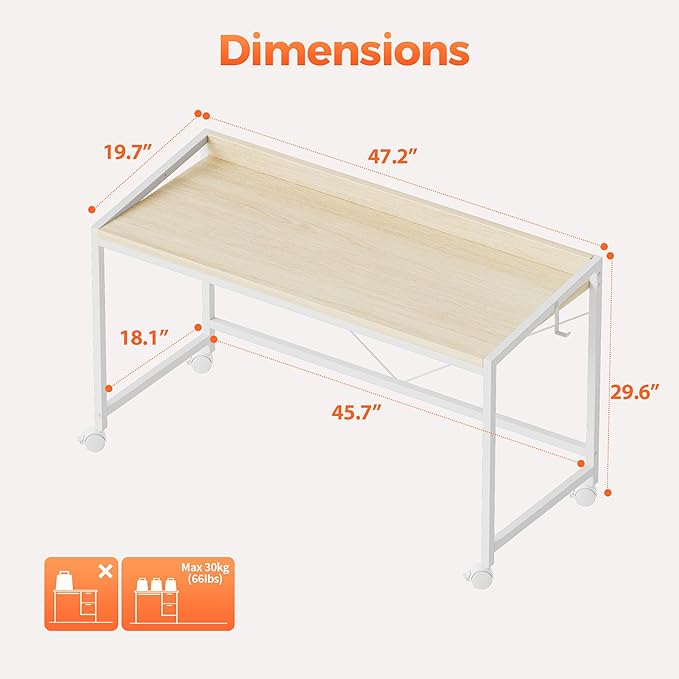 Mericonia 48 inch Rolling Computer Desk with Wheels, Gaming Desk for Small Spaces, Modern Simple Style Table for Home Office, Study Writing Table