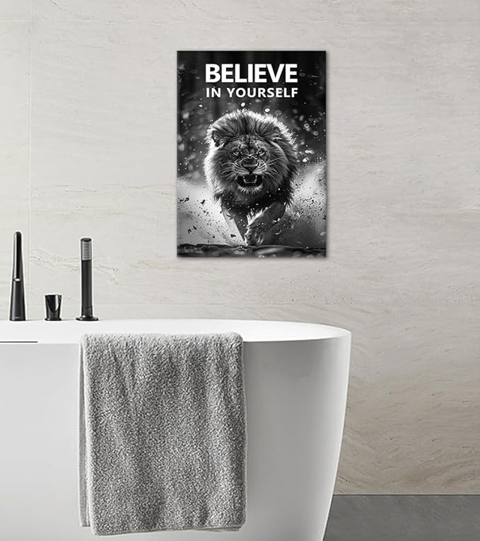 Black & White Motivational Lion Canvas Wall Art BELIEVE IN YOURSELF Inspirational Poster Fierce Wild Animal Prints Wall Decor for Office Gym Living Room Bedroom Decoration Easy to Hand 12x16inch