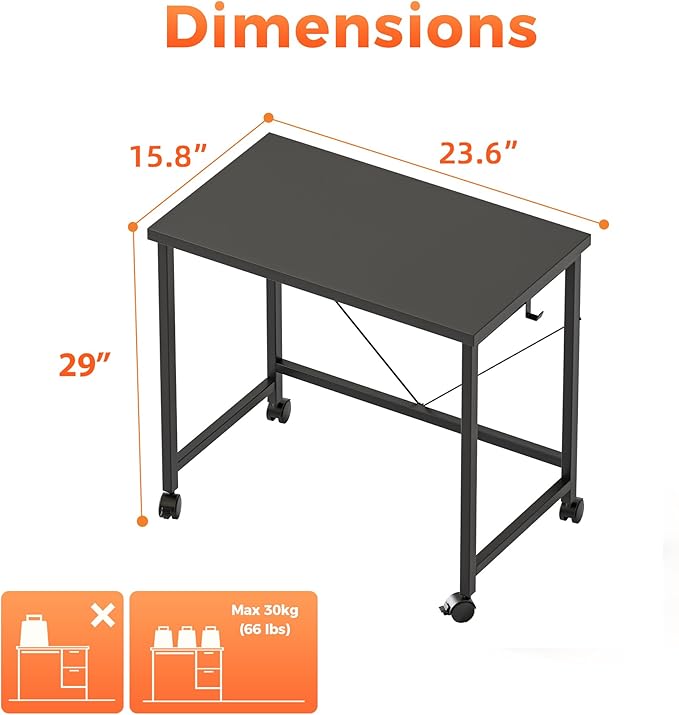 Mericonia 24 inch Rolling Computer Desk with Wheels, Gaming Desk for Small Spaces, Modern Simple Style Table for Home Office, Study Writing Table