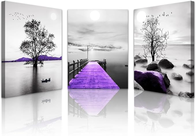 Lapremoly Purple Scenery Wall Pictures Canvas Wall Art For Bedroom Decorations For Living Room Modern Office Wall Decor Black And White Painting Artwork Room Home Decor 3 Piece Prints Art