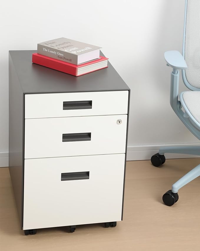 3 Drawer File Cabinet with Lock - Under Desk Metal Filing Cabinet, Legal/Letter File Folders, Wheels, Fully Assembled, White/Gray