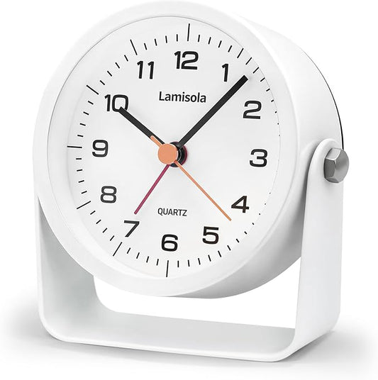 3.5 Inch Small Desk Alarm Clock, Battery Operated Analog Silent Clock with Night Light, Retro Vintage Metal Bedside Clock for Bedroom, Office, Bathroom, Dorm, Shelf, Table - White