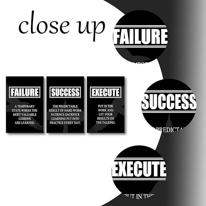 3 Pieces Inspirational Canvas Wall Art Motivational Entrepreneur Quotes Picture Painting Failure Success Execute Noun Poster Print for Living Room Office Gym Wall Decor Ready to Hang [72''Wx36''H]