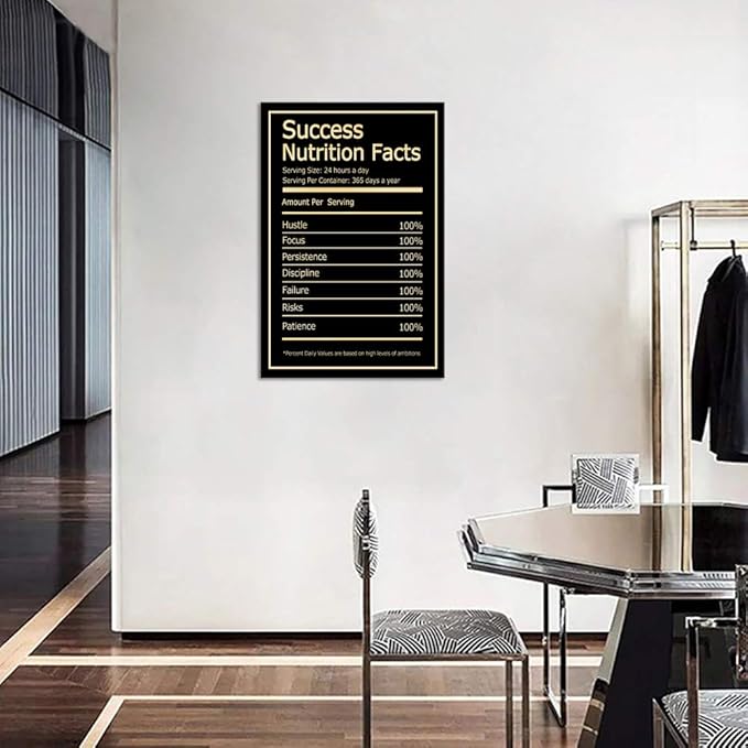 Modern Motivational Canvas Print Posters Black Success Nutrition Facts Inspirational Quote Wall Art for Bedroom Stretched and Framed Ready to Hang for Office Home Decorations - 24''W x 36''H