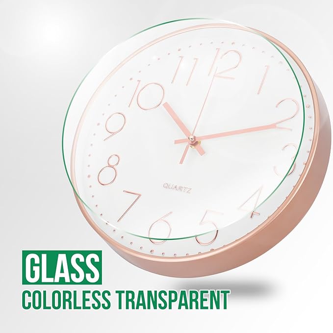 Wall Clock Non-Ticking Silent Modern Simple Style Round Decor Clock Stereoscopic Dial Quartz Wall Clocks for Home/Office/School/Living Room/Bedroom/Kitchen (Rose Gold, 8inch)