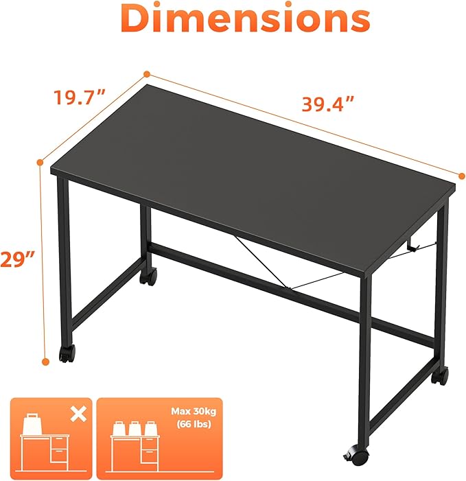 Mericonia 40 inch Rolling Computer Desk with Wheels, Gaming Desk for Small Spaces, Modern Simple Style Table for Home Office, Study Writing Table