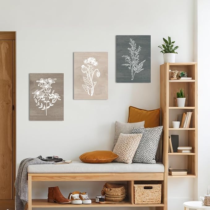BINCUE Neutral Botanical Plant Canvas 6 Pieces Rustic Farmhouse Wall Art Natural Botanical Canvas Artwork Farmhouse Decor Boho Wall Art for Living Room Bedroom Bathroom Office 12"x 16"