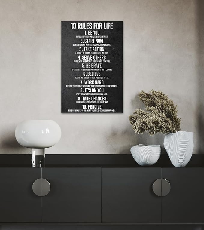 Yatsen Bridge 10 Rules for Life Motivational Wall Art - Black and White Inspirational Canvas Print, Positive Life Principles for Home and Office, Framed & Ready to Hang (12x16 Inch)
