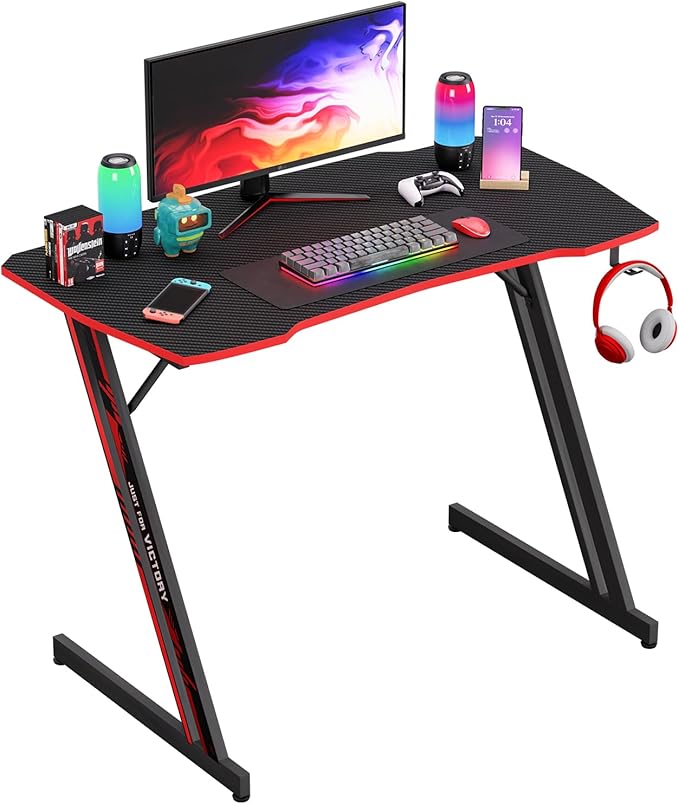 PayLessHere | 39" Gaming Table | Red | Z-Shaped Computer Desk with Steel Frame, Headphone Hook, Adjustable Feet | Carbon Fiber Texture Surface, Sweat & Waterproof | for Gaming, Home Office
