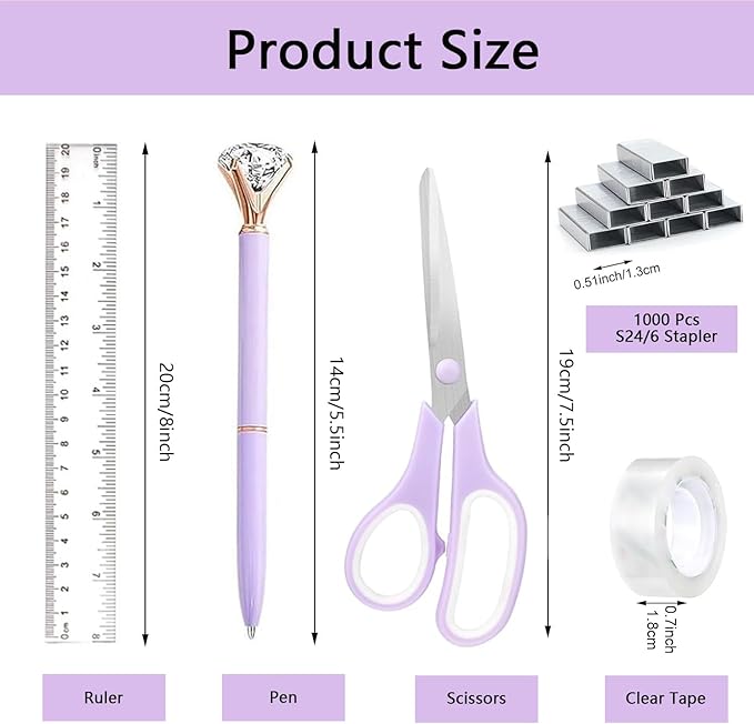 suniya Office Supplies,Desk Accessories,Tape Holder,Stapler,Scissor,Staple Remover,Box of Binder Clips,Staples,Ballpoint Pen,Sticky Notes,Clear Tape,Ruler,Office Supplies Set Purple