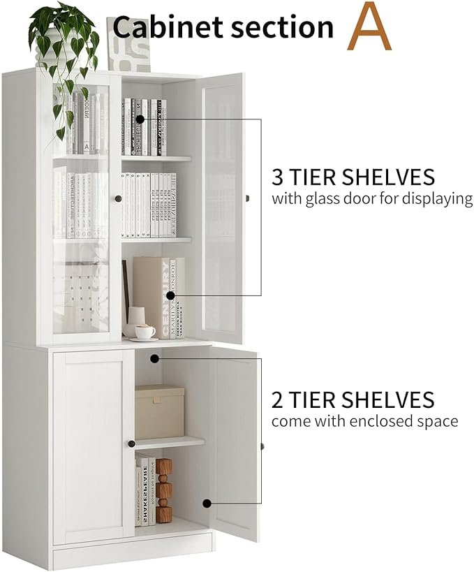 TUSY 71" H Bookshelf with Storage, 6-Tier Modern Bookshelves with 3 Large Drawer, Display Bookcase with Glass Doors, Modern 5-Tier Curio Cabinet for Home Office, Dining Room (White, BAB)