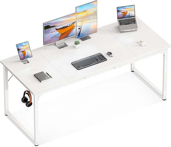 Casaottima 63 Inch Computer Desk for Home Office, Study Writing Table for Small Spaces, Simple Modern Desk with Headphone Hooks, White