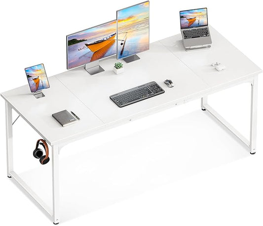 Casaottima 63 Inch Computer Desk for Home Office, Study Writing Table for Small Spaces, Simple Modern Desk with Headphone Hooks, White