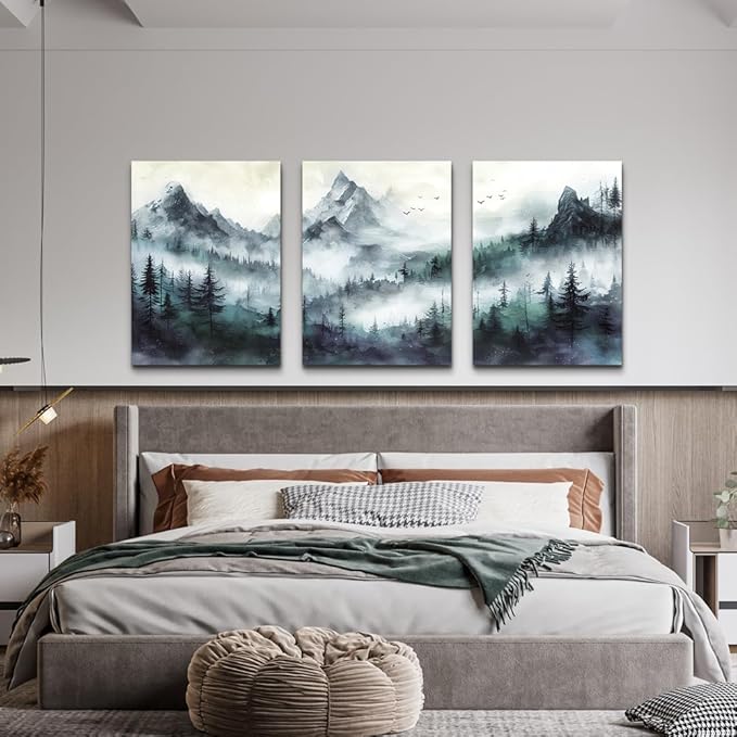 TTHYUEWS Canvas Wall Decor For Bedroom & Living Room - Modern Office Decoration - Misty & Fog Mountain Forest Wall Painting Landscape - 3 Piece, 16"X24"
