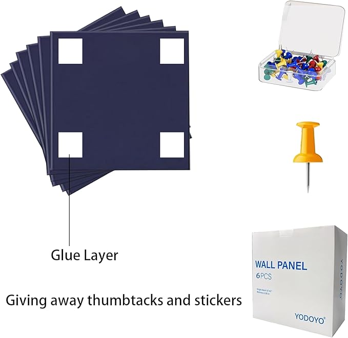 Large Cork Bulletin Board Alternative, 6 Pack 12"X12" Felt Bulletin Boards, Dart Wall Protectors with 30 Pcs Safe Removable Adhesive Tabs Pcs for Office Wall, School, Home Decor,Blue