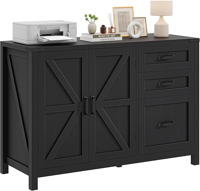 3 Drawer File Cabinet, Farmhouse Lateral Filing Cabinet with Doors for Letter/A4 Size Hanging Files, Large Wood Storage Cabinets Printer Stand with Adjustable Shelf for Home Office, Black