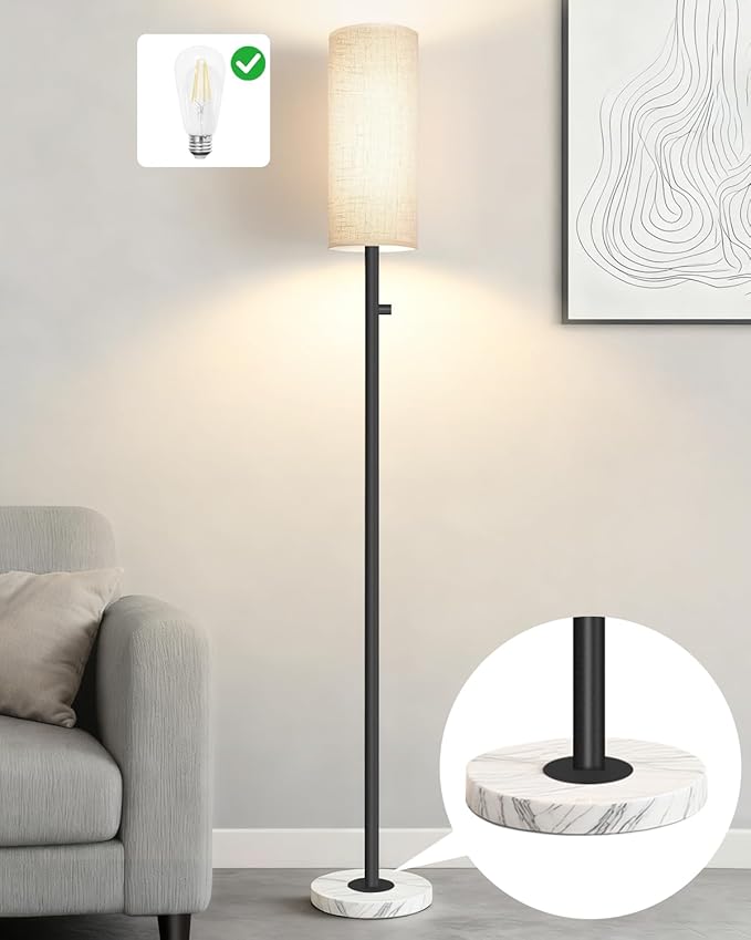Floor Lamps for Living Room–LED Bulb Included,Dimmable Floor Lamp with Linen Shade,Modern Standing Lamp with Marble Base,Tall Floor Lamp for Bedroom,Nursery,Reading & Office,Matte Black