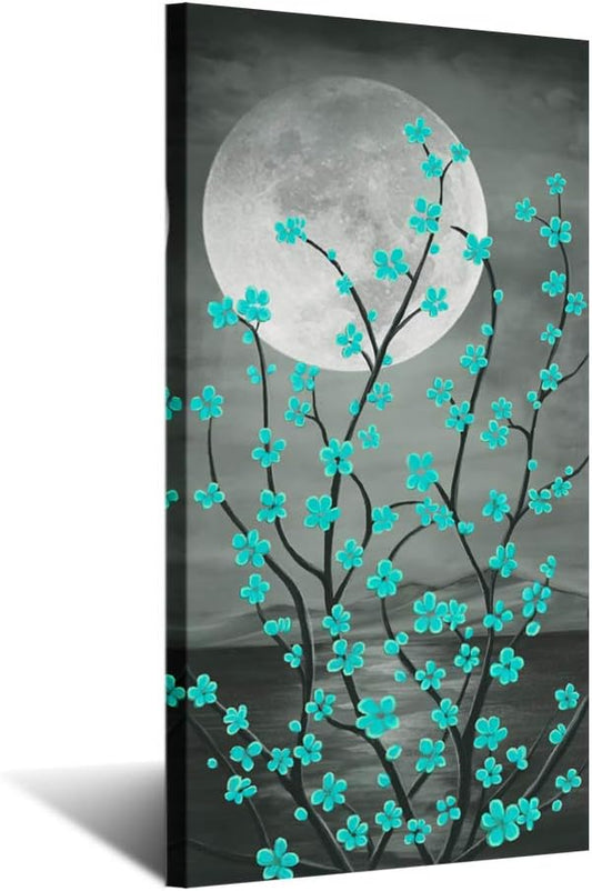 KREATIVE ARTS Large Canvas Prints Wall Art Grey and Teal Plum Blossom Tree and Full Moon Vertical Contemporary Painting for Living Room Decorations 20x40inch