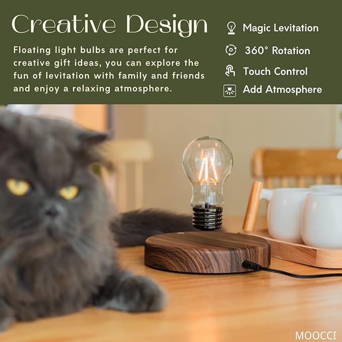 MOOCCI Levitating Bulb Lamp, Magnetic Floating Night Light & Desk Decor, Unique Valentine‘s Day Gift for Her and Him, Cool Tech Gadget for Home Office, Christmas Birthday Present (Round-Classic Bulb)