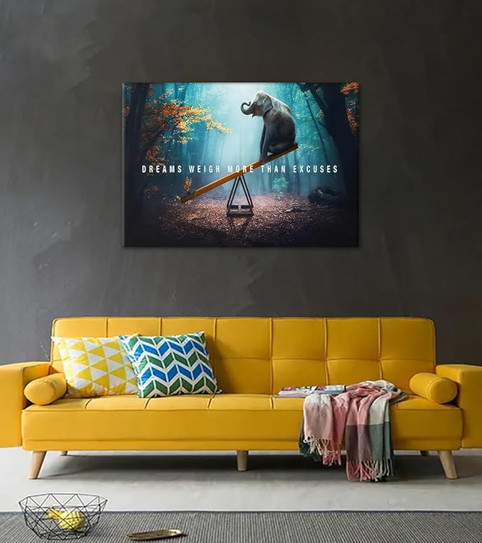 Wall Art Dreams Weigh More Than Excuses Painting on Canvas Inspirational Picture Motivational Quotes Poster Elephant and Butterfly Prints for Home Decor Living Room, Framed 28" Hx44 W