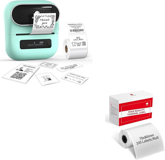 Phomemo M220 Label Maker Green & 1 Roll Transparent Thermal Label 2.76" x 3.15"(70x80mm), Upgrade 3 Inch Barcode Portable Printer, for Office & Small Business, Compatible with Phones&PC