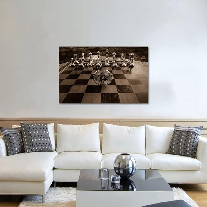 Golden Chess and Bitcoin Canvas Wall Art Motivational Life Quote Game Bitcoin Wall Art Poster Canvas Posters and Prints Pictures Chess Office Wall Decor, Framed 44x28 inch