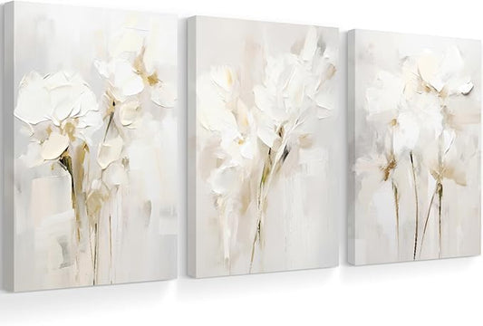 Neutral Wall Art Abstract Floral Canvas Pictures Beige Flower Wall Decor Modern Painting Minimalist Poster Abstract Botanical Prints White Artwork for Bedroom Living Room 16x24x3 Inch Ready to Hang