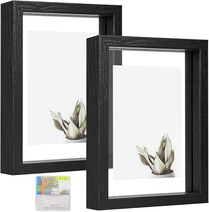MUYE 5x7 Floating Frames Set of 2,Double Glass Picture Frame Display Any Size Photo up to 5x7,Wall Mount or Tabletop Standing,Black
