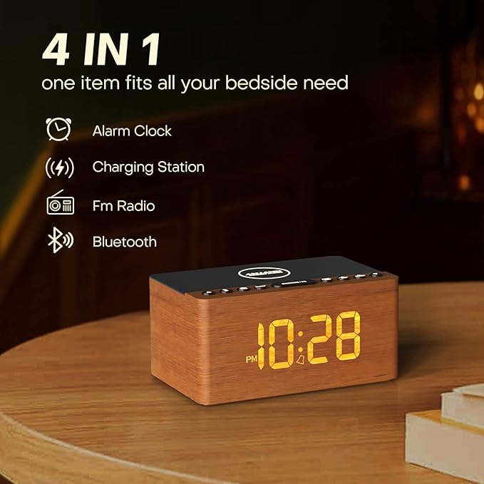 ANJANK Wooden Bluetooth Speaker, Alarm Clock with FM Radio, Qi Certified Fast Wireless Charging Station for iPhone/Samsung, USB Charger Port, Dimmable Display, Digital Wood Clock for Bedroom, Bedside