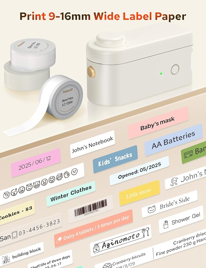 Makeid L1-C Smart Label Maker Machine with Tape – Mini Bluetooth Label Maker, Portable & Rechargeable, Compatible with 9/12/16mm Waterproof Tapes – for Home, Office, School Organization