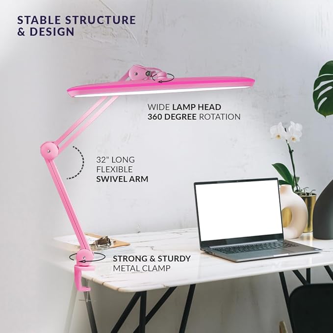 Neatfi XL 2,200 Lumens 24W LED Desk Lamp – 23” Wide Shade | Dimmable Eye-Caring Task Light | Adjustable Arm | Home Office, Study, Crafts & Nail Tech (Pink, Non-CCT with Clamp)